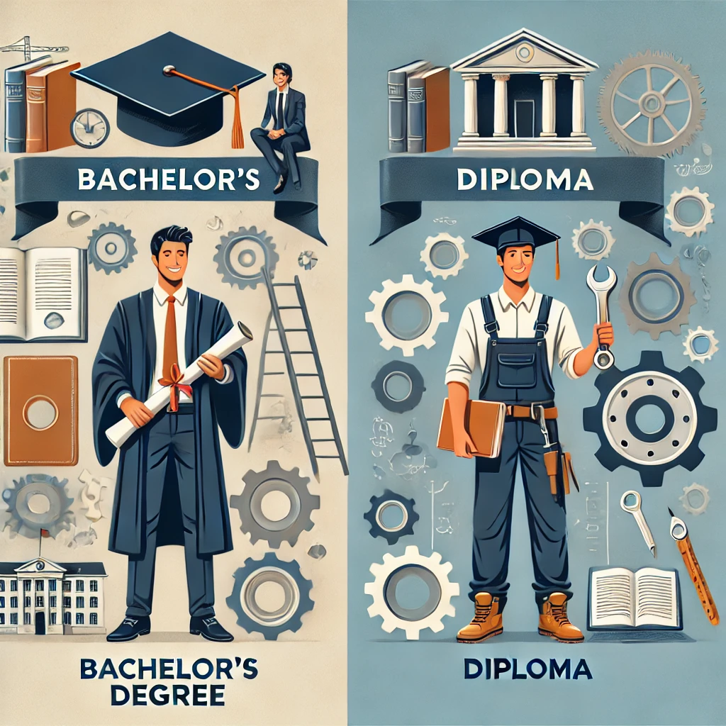 Simak Perbedaan Diploma (D1, D2, D3 & D4) dan Sarjana (S1) DALL·E 2024 11 21 09.57.03 An updated illustration comparing bachelors degree Bachelor and diploma Diploma programs in a balanced way. On the left depict a young professio